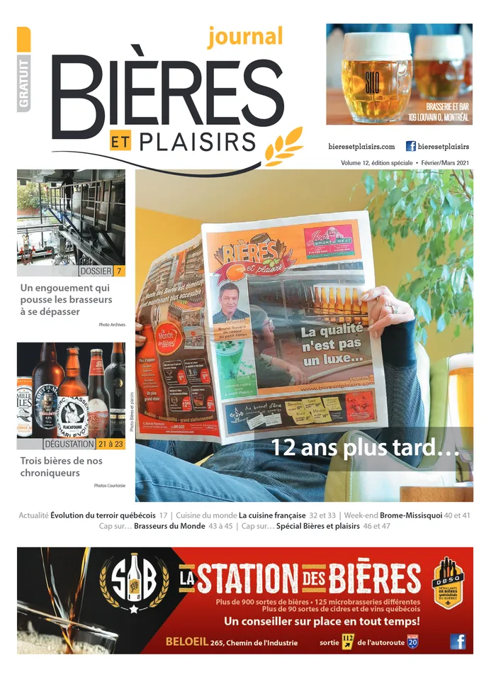 Couverture du dernier numéro papier de Bières et plaisirs, février/mars 2021 : un lecteur tient le premier numéro ouvert, titre « 12 ans plus tard… ».