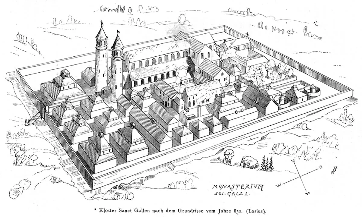 Gravure d'un plan d'abbaye en perspective